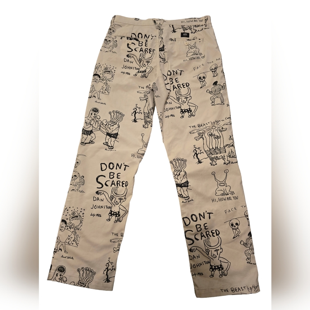 Vans Chino Skater Pants  White/Black Loose Fit Flat Front Straight Leg Size 33